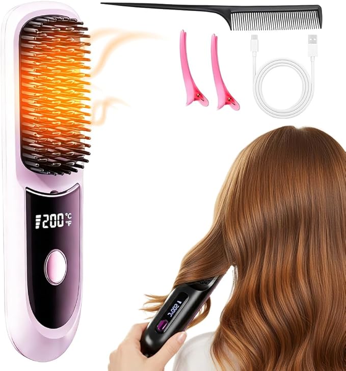 Portable Mini Hair Straightening Brush with Led Display Cordless Hair Straightener Brush Fast Heating Cordless Mini Hair Brushs for Women Short Long Hair (Pink)