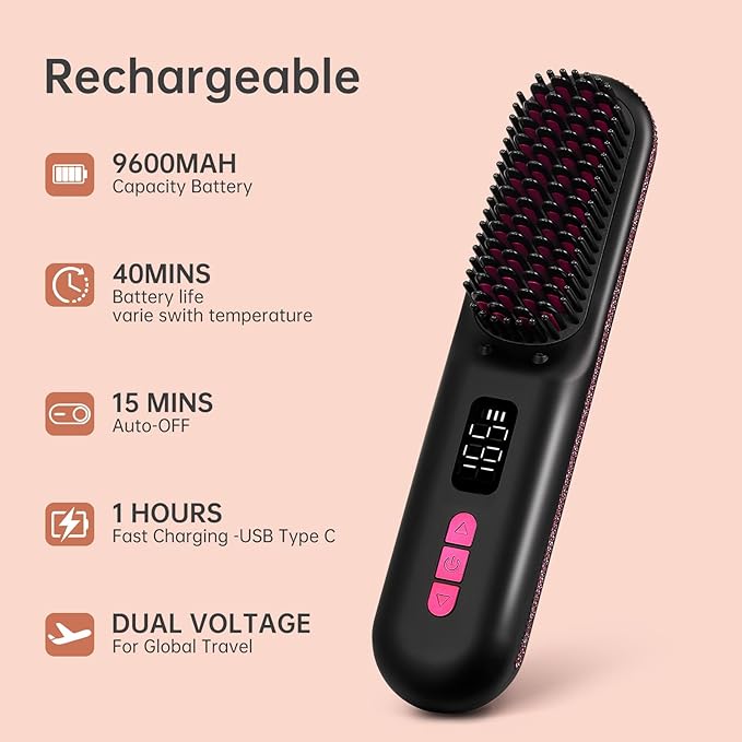 Hair Straightener Brush Portable Cordless Mini Straightening Brush for Travel Negative Ion Hot Comb Hair Straightener with 9 Temps for Women Anti-Scald Ceramic Fast Charge