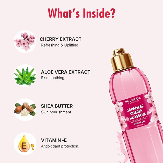 THE LOVE CO Japanese Cherry Blossom Shower Gel | Aloe &amp Vitamin E for Hydration &amp Skin Nourishment | 100% Vegan &amp Paraben-Free | Luxurious Long-Lasting Fragrance | For Women &amp Men 100
