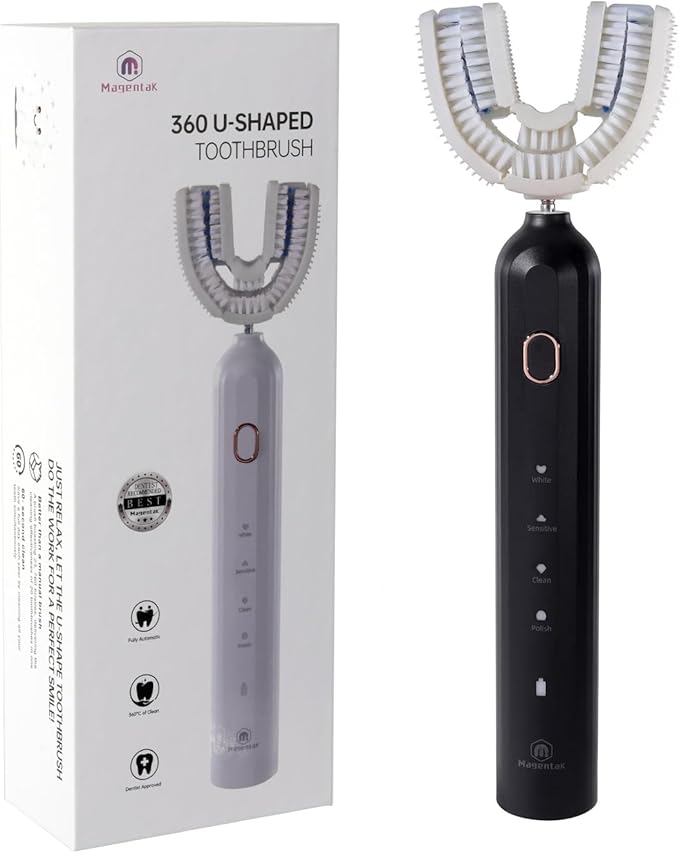 Ultrasonic U-Shaped Toothbrush for Adults Electric Toothbrush has 23760 Nylon BristlesAutomatic 360-degree Cleaning and Waterproof IPX7 4 Modes for Teeth Whitening (Black)