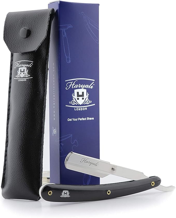 Men's Black Traditional Style Stainless Steel Straight Razor with Leather Pouch (1 Count Reusable Ergonomic Portable)