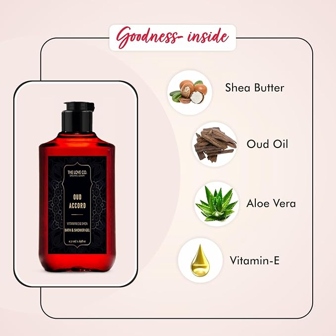 The love co Oud Accord Body Wash | Organic and Vegan Long-Lasting Scent | Nourishing Shea Butter Vitamin E and Niacinamide | Cruelty-Free and Paraben-Free | 50ml.