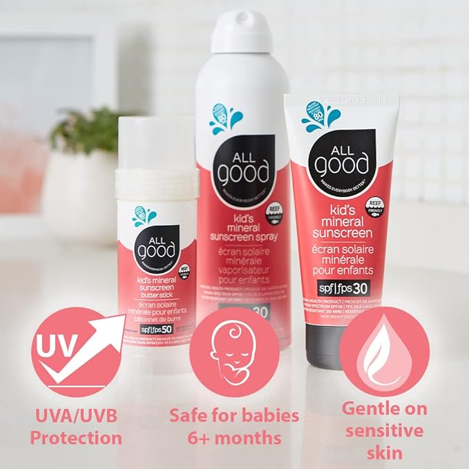 All Good Baby &amp Kids Sunscreen Lotion for Face &amp Body - UVA/UVB Broad Spectrum SPF 30 Zinc Oxide Coral Reef Friendly Water Resistant - Zinc Shea Butter Coconut Oil Aloe (3 oz)(3-pack)
