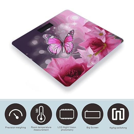 Pink Flower and Butterfly Scale for Body Weight Anti-Slip Digital Bathroom Scale Sturdy Toughened Glass Weighing Scales High Precision Safe Rounded Corners Smart Scales