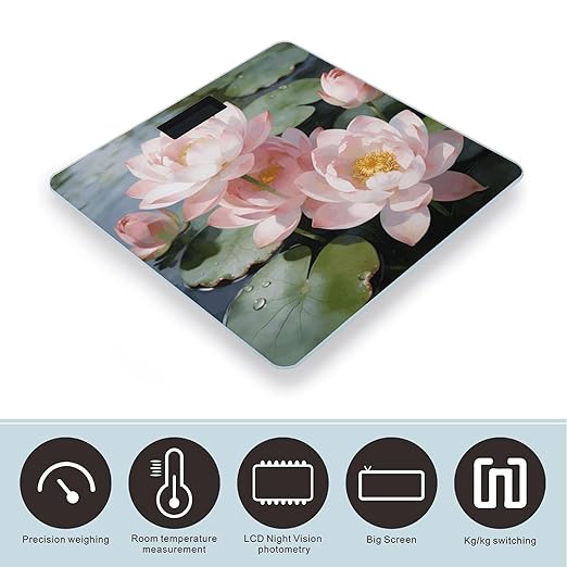 Bright Sunny Day Lotus Flowers Weight ScaleClear LED Display Bathroom Digital Weighing ScaleTempered Glass Digital Bathroom Scale for Body Weight Capacity Up to 400 Lbs