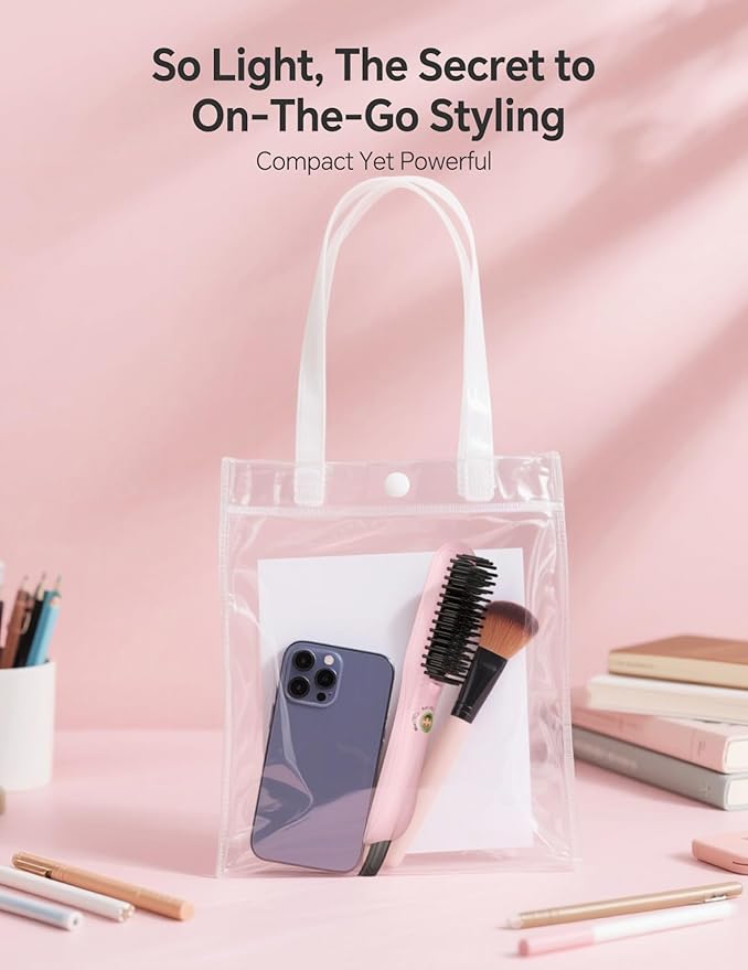 LANDOT Mini Hair Straightening Brush - Compact Ionic Straightening Brush for Frizz-Free Smooth Hair Lightweight Hot Comb &amp Travel-Friendly Flat Iron Blush