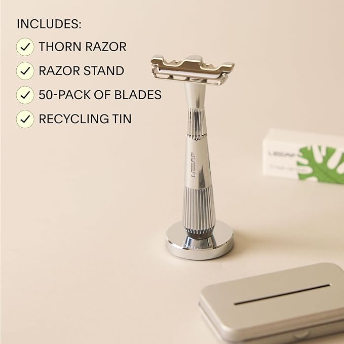 Leaf Shave | Leaf Thorn Razor Set Includes Twig Razor Matching Stand 50-Pack Single-Edge Blade Refills and Blade Bank - Rose Gold