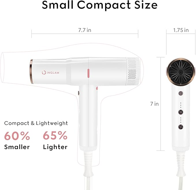 Hair Blow Dryer with Diffuser IG INGLAM Professional High Speed Brushless Motor Negative Ion Low Noise Constant Temperature 3 Heat Settings 3 Speeds and Cool Shot Brutton Powerful Ionic Hair Dryer