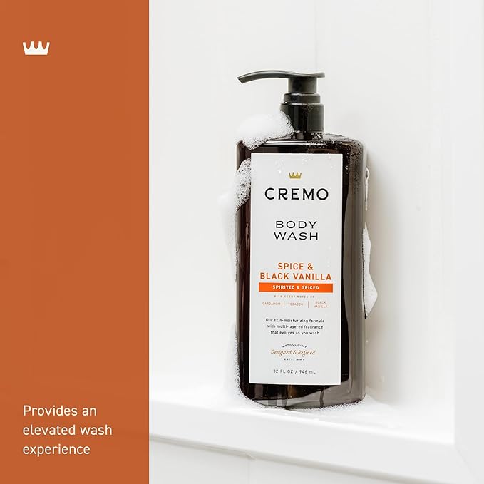 Cremo Rich-Lathering Spice &amp Black Vanilla Body Wash for Men Notes of Spices Dark Woods and Black Vanilla 32 Fl Oz(Pack of 2)
