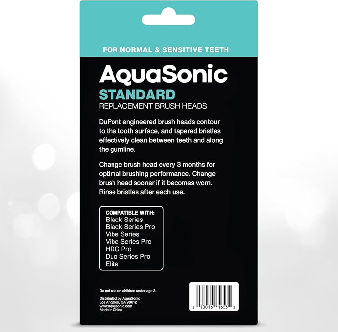 AquaSonic Genuine Standard Replacement Brush Heads | ADA Accepted | for Normal &amp Sensitive Teeth | Compatible with Many AquaSonic Toothbrush Handles (8 Pack Black)
