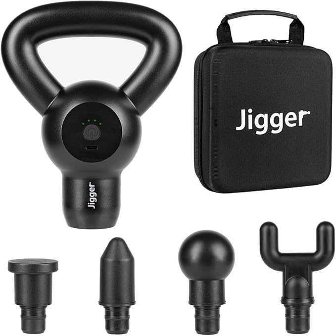 Jigger Percussion Massage Gun - Ultra-Quiet Lightweight and Powerful Deep Tissue Massager with 4-Speed Settings Handheld Massage Gun with 4 Attachments