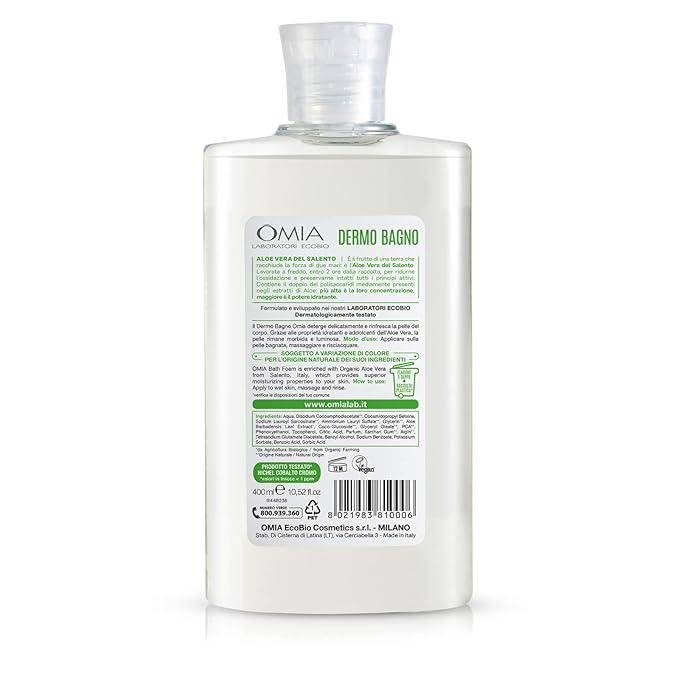 Omia Dermo Eco Bio Bath with Aloe Vera of Salento Gentle and Refreshing Body Wash Dermatologically Tested Vegan Formula and Nickel Dermatologically Tested 400ml Bottle