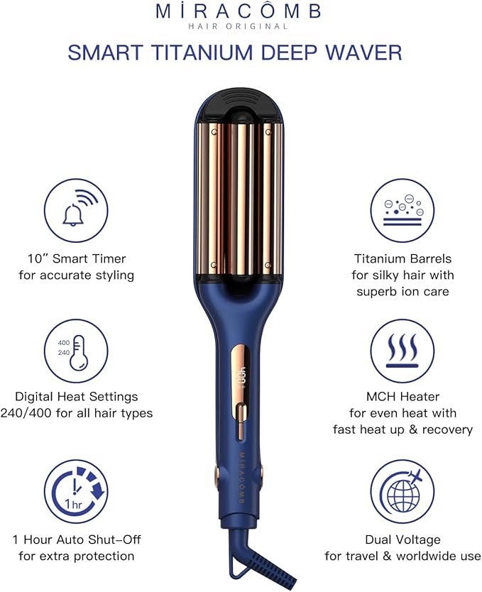 MIRACOMB Titanium Deep Waver Iron Ion Technology Digital Heat Settings Auto Off Dual Voltage (12.2 inches Wavy Hair Hair Waver)