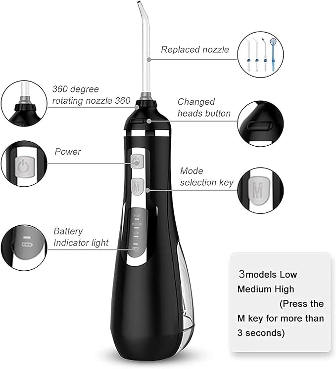 Water Flosser Portable Dental Oral Irrigator with 3 Modes 4 Replaceable Jet Tips Rechargeable Waterproof Teeth Cleaner for Home and Travel -200ml Detachable Reservoir(White)