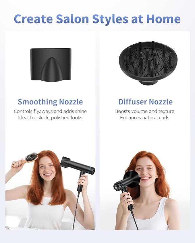 Hair Dryer Professional Brushless Motor Ionic Hair Blow Dryer with Diffuser Magnetic Nozzles 0.83Pound 2000W 60dB 3 Heat Settings &amp 3 Speed &amp Cold Settings Diffuser Hair Dryer Black