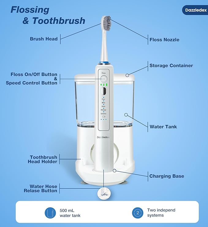 Electric Toothbrush and Water Flosser - Water Flossers for Teeth Electric Cleaning Brush with 5 Replacement Brush Heads 5 Brush Modes 17 Oz 3 Stage Floss Tooth Brush 3 in 1 Teeth Cleaning Kit