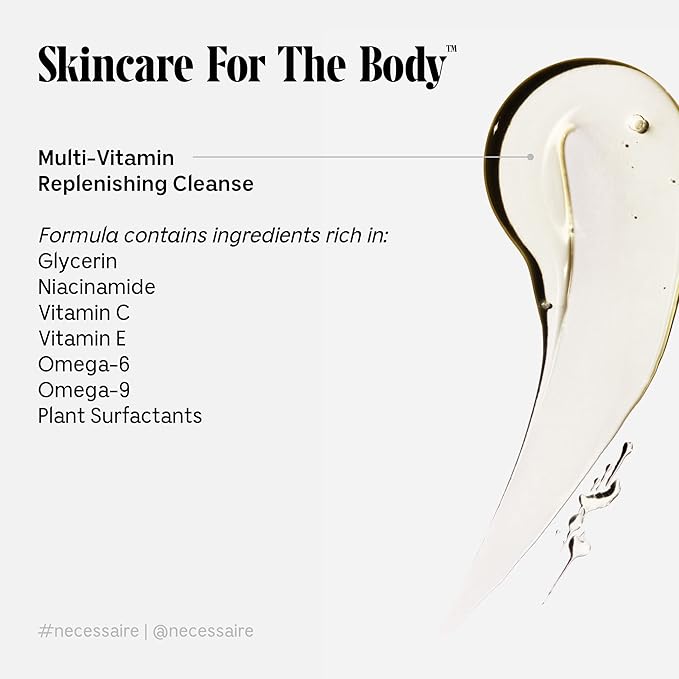 Nécessaire The Body Wash. Sandalwood. Multi-Vitamin Gel Cleanser. Nourish Soften. Hypoallergenic. Dermatologist-Tested. No SLS/SLES. 250 ml / 8.4 fl oz