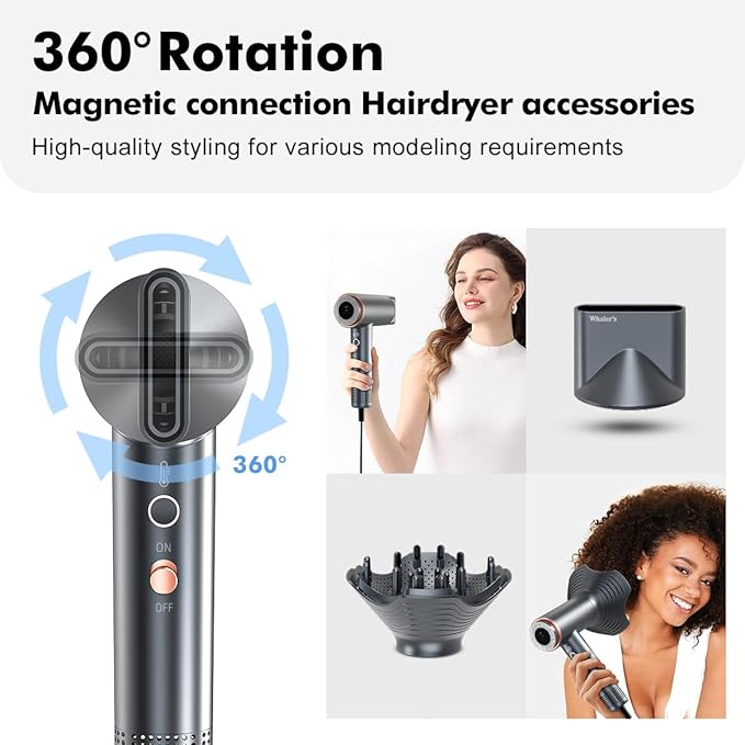 WHALER'S Professional Hair Dryer Ionic 1400W Fast Drying 4 Speed/Heat Settings &amp Cool Shot Dual Voltage for Travel Includes Diffuser+Concentrator+Replacement Brush (1.4kW 120V-240V) (Black)