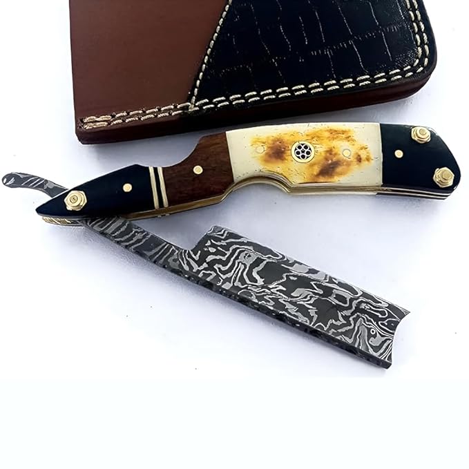 Damascus Steel Straight edge Razor Barber Salon Shaving wet shave real leather sheath for men SM151