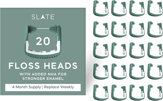 Slate Flosser Refills - Reusable Woven Floss PFAS-Free Non-Toxic Dental Floss | Fits Slate Electric Flosser w/Tongue Scraper &amp Gum Sweeps | 20-Pk Mint Nano-Hydroxyapatite (nHa) Floss Heads