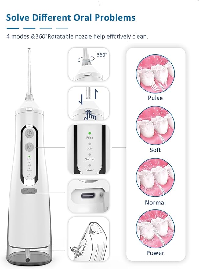 USB Rechargeable 4 Speed Water Flosser Removes Tartar Stains Teeth Cleaning Tool Portable Teeth Cleaner for Home Traveling