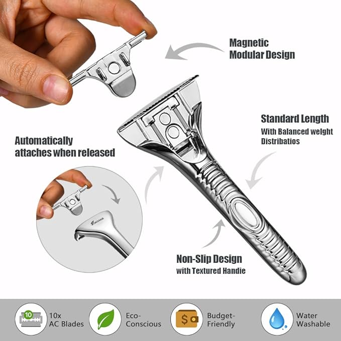 Magnetic Safety Razor for Men Smooth Single Blade Shave Easy Blade Change Stainless Steel Mens Face Razor Durable Blade Shavers for Men - Silver