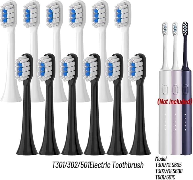 Replacement Brush HeadsCompatible for T301 T302 T501 /501CSonic Electric Toothbrush Head Soft Bristle Nozzles(T301-302-WH-12Pcs)