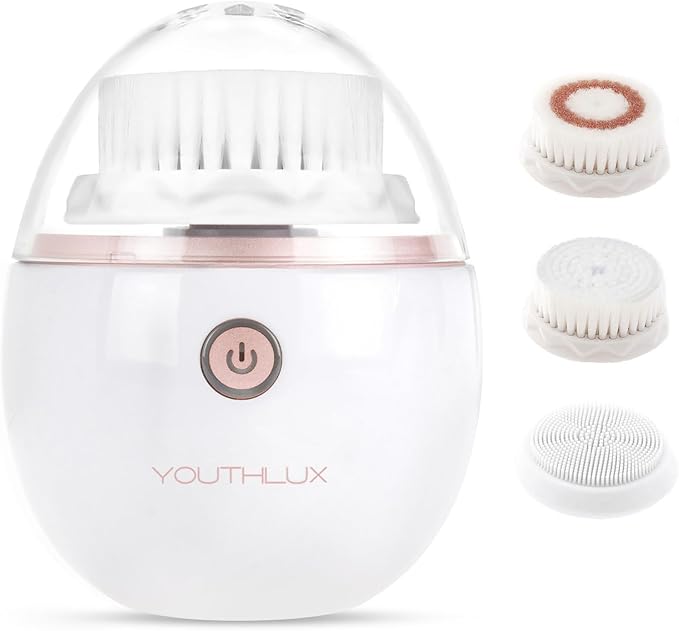 YouthLab Pure Radiance Vibrating Facial Cleansing Brush Electric 3 Modes 3 Brush Heads (2 Bristle1 Silicone) Waterproof Rechargeable Smart Timer Exfoliating Massage (Rose Gold)