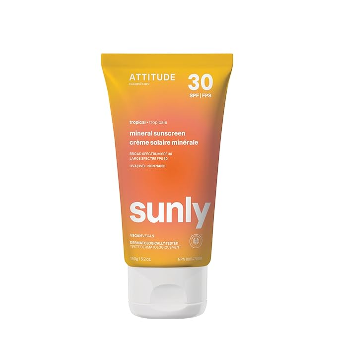 ATTITUDE Mineral Sunscreen with Zinc Oxide SPF 30 EWG Verified Broad Spectrum UVA/UVB Protection Dermatologically Tested Vegan Tropical 5.2 Ounces
