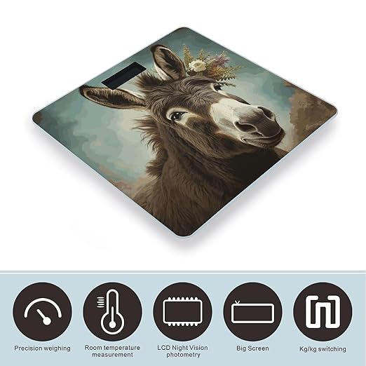 Donkey Animals Bathroom Scale Automatic Power On/Off Body Scales LCD Backlight Display Square Digital Scale Rounded Corners Bathroom Scales for Home Bedrooms