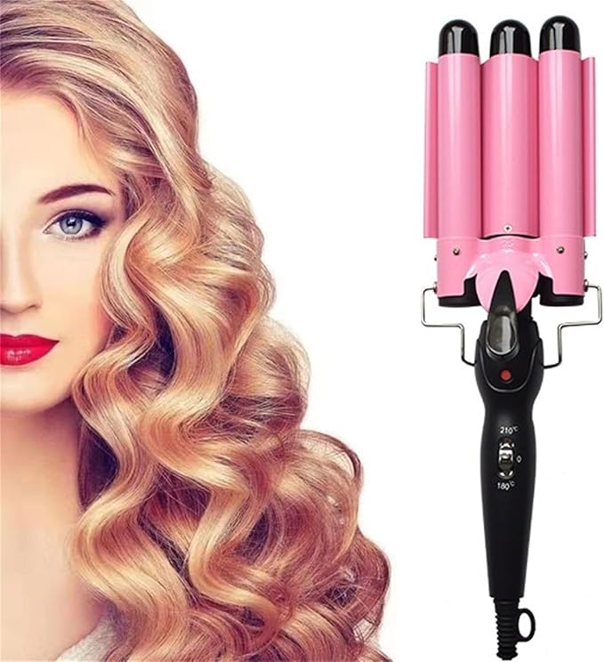 3 Barrels Hair Curler - Ceramic Hair Crimper Fast Heating Long Lasting Curling Crimpers Curling Iron with 2 Temperature Control Big Wave Curling Wand Tongs Best Gift for Women ( Color : Pink  Size