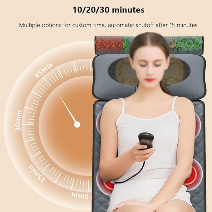 Back Massager Heated Massage Seat Cushion Nine-Level Intensity Adjustment 10/20/30 Minute Timer 10 Vibration Motors Leg and Foot Kneading Foldable Suitable for Home and Office Use