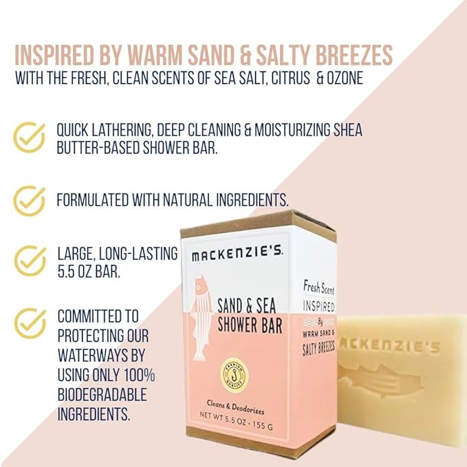 MacKenzie's Sand &amp Sea Deodorant &amp Shower Bar Bundle - Gifts for Women - Gifts for Men - Coastal Gifts - Natural - Sea Salt - Ozone - Citrus