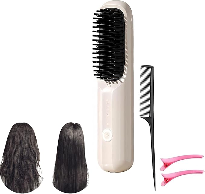 2026 Upgraded Cordless Straightening BrushNegative Ionic Hair Straightener Brush - Straightening Comb for Travel 3 TempPortable Fast Heating Ceramic Brush for Women Short Long Hair (Beige)