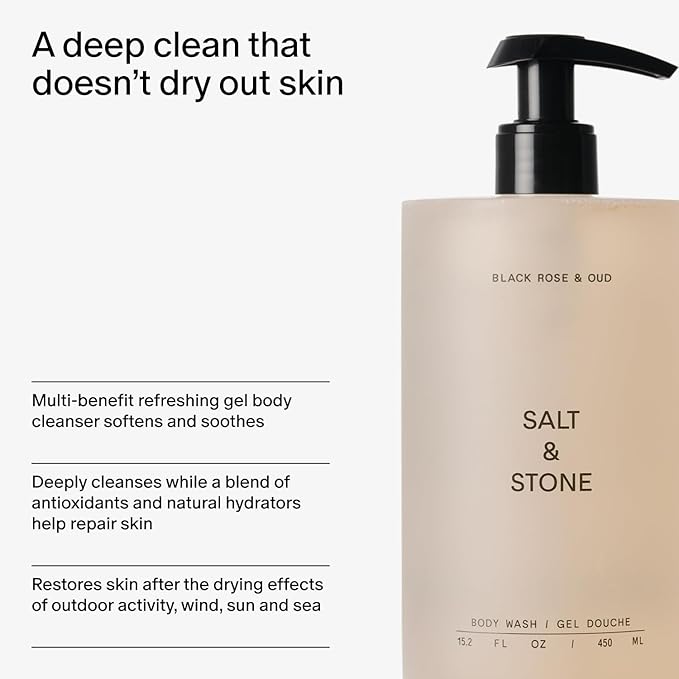 Salt &amp Stone Body Wash with Antioxidants for Deep Moisture | For Women &amp Men Sulfate Paraben &amp Dye Free Leaving Skin Soft and Hydrated | Black Rose &amp Oud Refill 32 fl oz