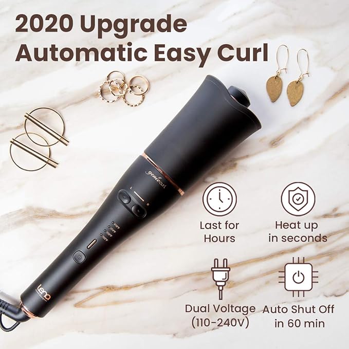 LENA Auto Hair Curling Wand Professional Hair Curler Iron Styler Automatic Rotating Styling Tool with Ceramic Ionic Barrel and Smart Anti-Stuck Sensor for Long and Medium-Length Hair