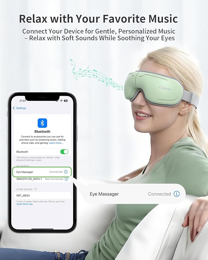 Eye Massager with Heat and Compression - Avocado Green Heated Eye Mask with Vibration Bluetooth Music 6 Modes Rechargeable 1200mAh Battery for Eye Strain Dry Eyes Migraines Relief