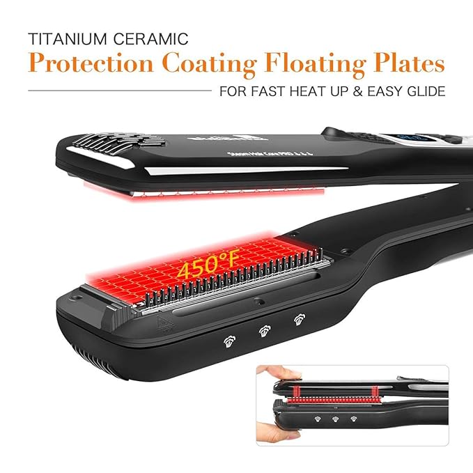 Professional Steam Hair Straightener Electric Fast Steam Hair Straightener Brush Titanium Ceramic Flat Iron with Anti-Static Technology and Digital Controls Suitable for All Hair Types (Black)