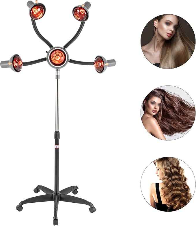 5 Head Infrared Light Heat Therapy Red Lamp Salon Hair Steamer Perming Dyeing Adjustable Height Machine with Rolling WheelsStanding Infrared Heaterfor Perming Oiling(750wBlack)