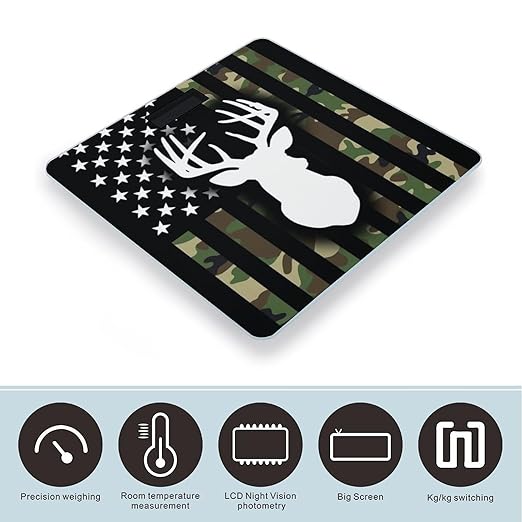 Energy Saving Scale Bathroom Weighing Scale Smart Scale for Body Weight Digital Deer Camo Camouflage American Flag Hunting Black