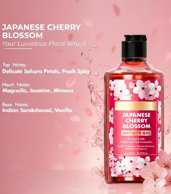 Japanese Cherry Blossom Shower Gel with Aloe &amp Vitamin E 250ml Floral Fragrance Hydrating Body Wash