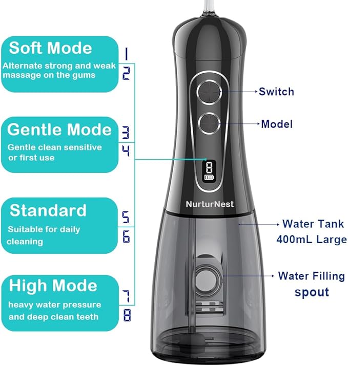 Water Flosser for Teeth Cordless Oral Irrigator Professional Rechargeable Dental Water flosser IPX7 Waterproof 8 Modes Large Water Tank 400ML(13.5oz) for Home &amp Travel Black