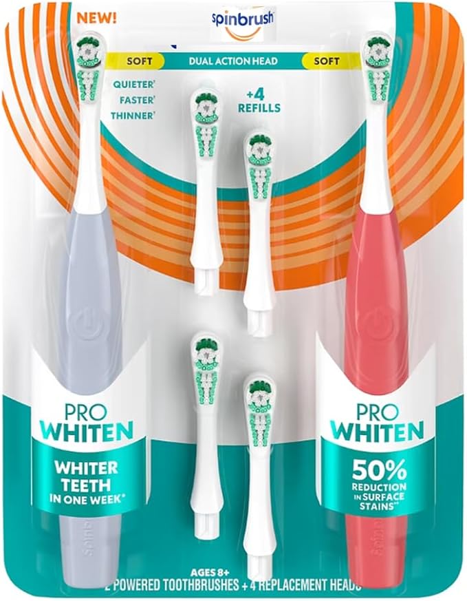 Spinbrush Pro Whiten Battery Powered Electric Toothbrush Bundle (2) Toothbrushes + (4) Replacement Heads Whiter Teeth in 1 Week Dual Action Whitening Cup &amp Soft Bristles ADA Accepted Family P