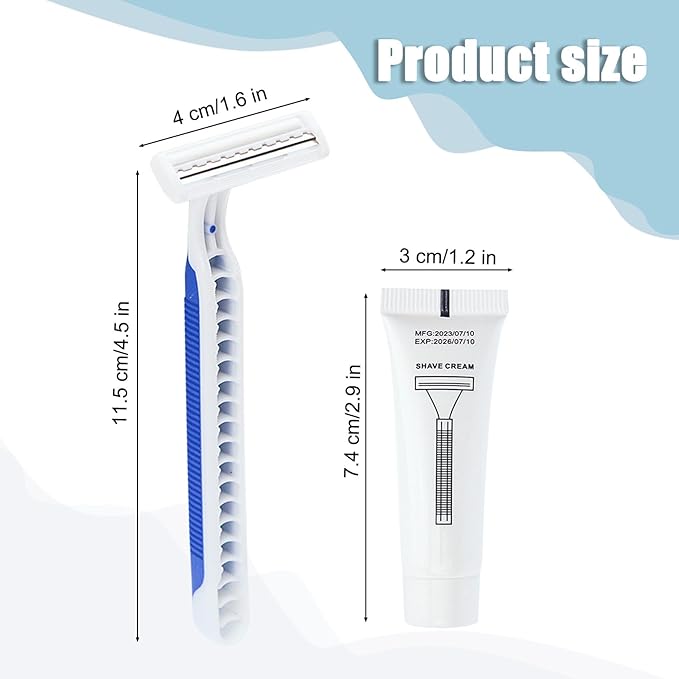 Disposable Razors in Bulk Pack of 120Blue Disposable Shaving Razors Individual Wrapped Twin Blade Bulk Disposable Razors with Clear Cap and 10g Shaving Cream for HomelessHotelTravelCharityShelter