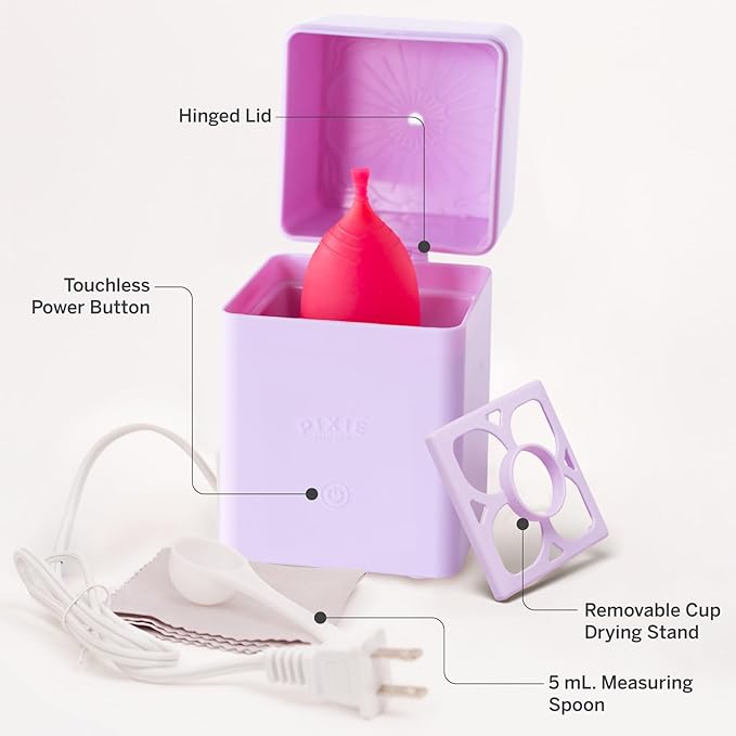 Pixie Menstrual Cup Sterilizer for Feminine Care - Ranked 1 for The Best Steamer - Kills 99.9% of Germs with Steam - Wash Your Period Disc or Cup in 3 Minutes! - Automatic Timing Shut-Off Switch