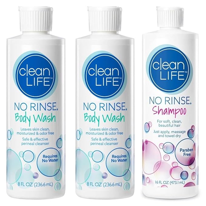 No-Rinse Shampoo 16 Oz (1 bottle) Body Wash 8 Oz (2 bottles) – Gentle Convenient &amp Hospital-Approved