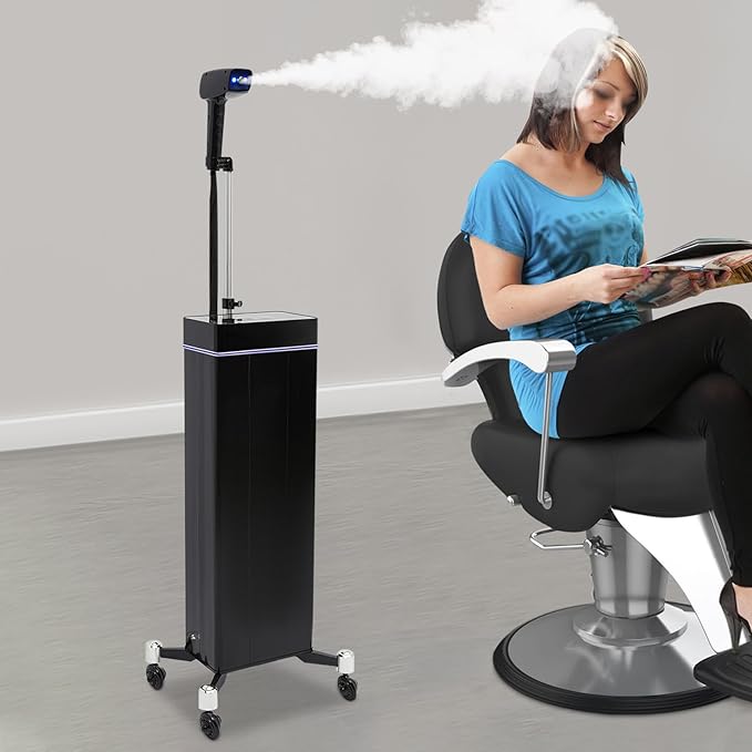 1200W Nano Steamer for Hair Max.356℉Negative Ions Blue Light 10 Gears Salon Nano Hair Steamer Hair Care Nano Hair Steamer with Adjustable Telescopic Bracket (Black)