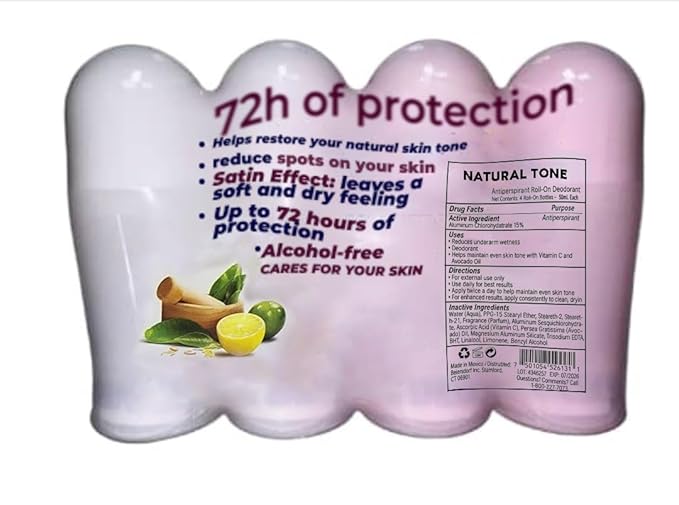 Tono Natural Desodorante 4 Pack | Even Skin Tone Brightening Deodorant Pack of 4 Roll-On Bottles (1.7 fl oz each) | Desodorante Aclarado Natural | Vitamin C + Avocado Oil | TikTok Viral Formula