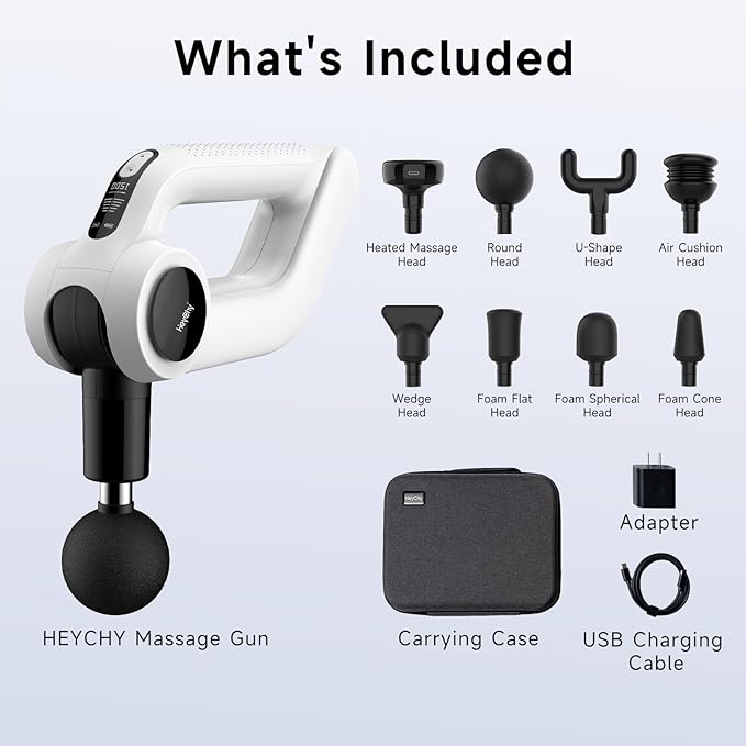 Massage Gun with Heat - Deep Tissue Percussion Massager for Pain Relief 12mm Amplitude 5 Speeds &amp 8 Attachments Ideal for Muscle Recovery Back Shoulder Leg - Gift for Athletes Men Women (Whi