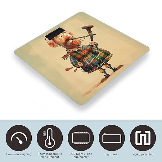 Cartoon Scottish Bagpipe Scale for Body Weight Highly Accurate Digital Bathroom Scale Sturdy Tempered Glass Weighing Scales with LCD Display Fashion Body Fat Smart Scales 400lb